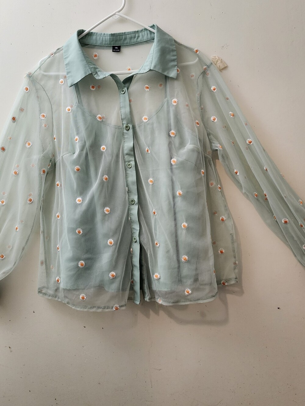 Celadon Green Embroidered Mesh Blouse W/Cami 1XL Shein Flaw Fairy Cottagecore
